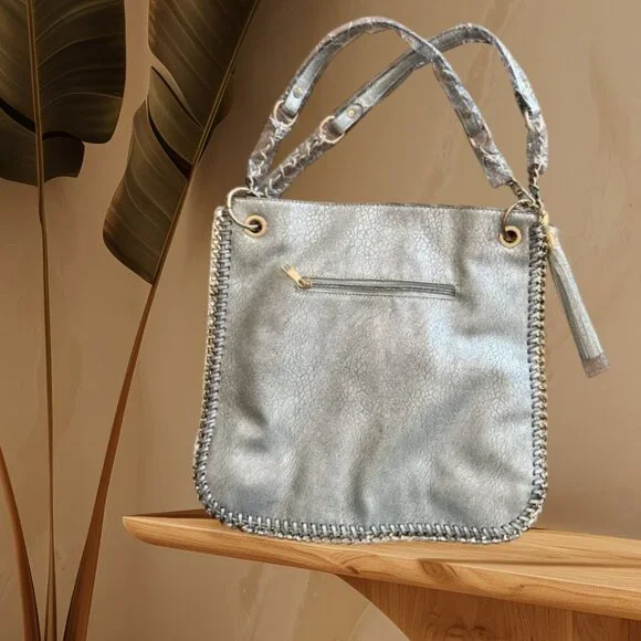 Silver & Gold Tone Chain-Trimmed Shoulder Bag - Picture 2 of 11